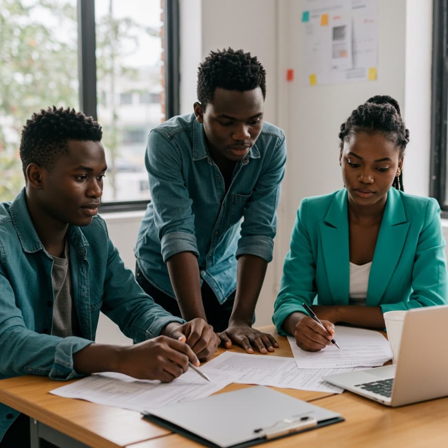 Jovens profissionais de seguros moçambicanos a estudar em grupo